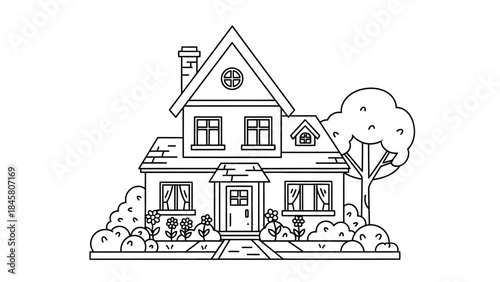 Line art illustration of a cozy house with a garden, perfect for coloring pages or minimalistic designs