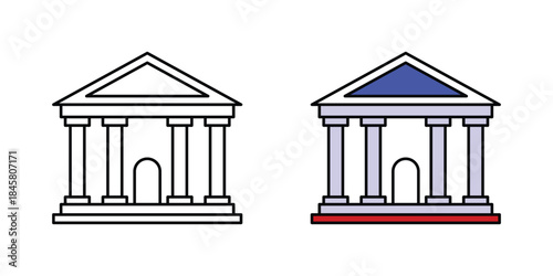 bank courthouse building icon set in outline and color style representing finance government law institution.