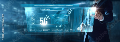 Businessman analyzing 5G Network data on virtual interface signal optimization, high-speed connectivity, smart devices, IoT performance, bandwidth growth, digital transformation.