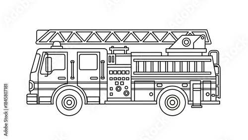 Detailed Line Art Illustration of a Fire Engine with Ladder