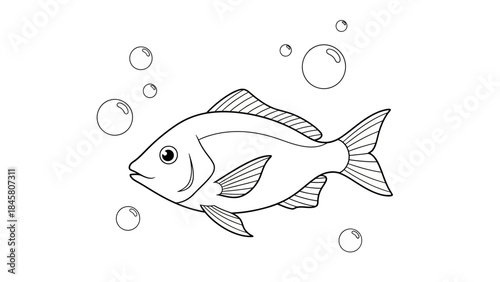 Stylized Fish Illustration with Bubbles on White Background