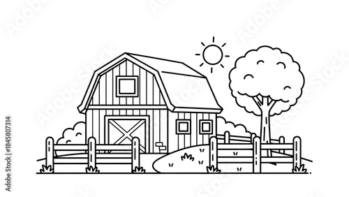 Rustic Barn Scene with Rolling Hills, Clear Sky, and Bright Sun