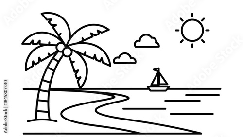 Tropical Paradise A Minimalist Line Art Illustration of a Seascape with Palm Tree and Sailboat