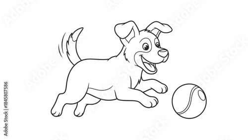 Excited Dog Playing with Ball Outline Illustration