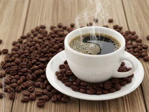 Steaming Hot Coffee Cup Surrounded by Roasted Coffee Beans on Wooden Surface