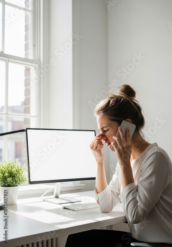 Upset woman on a phone call pinching her nose at home office. Frustrated female employee suffering from stress or mental health issue.