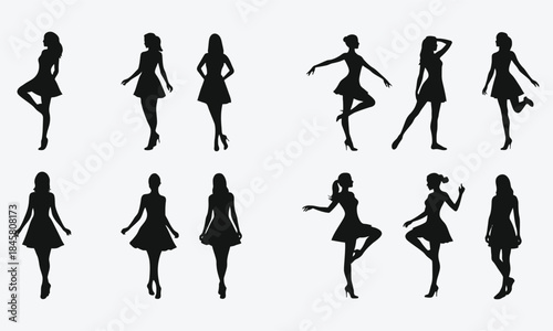 Collection of female silhouettes in various poses and dresses