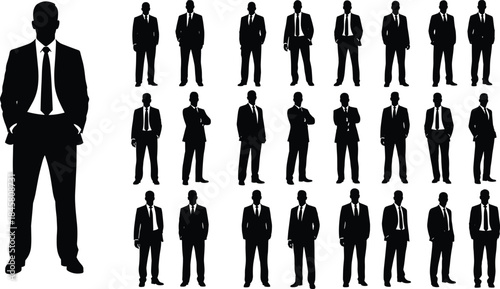 Collection of confident male business silhouettes in formal suits, various professional poses, standing with arms crossed, hands in pockets, corporate executive, leadership concept
