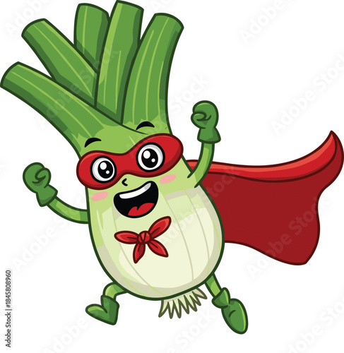 Cute cartoon leek superhero vegetable with red cape, flying expression, happy healthy food character, green smiling mascot, children’s vegetable concept, organic veggie cartoon