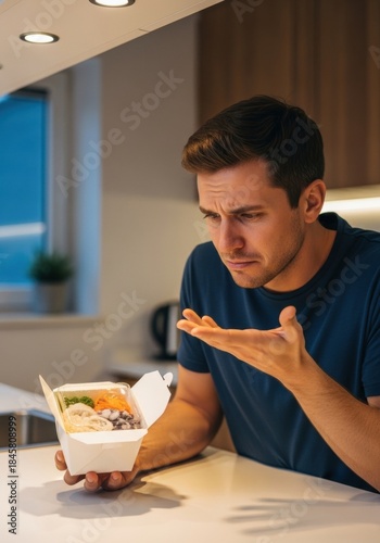 Man frowning at an incorrect or disappointing takeout food order. Food delivery problem and customer dissatisfaction concept.