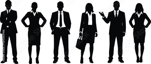 Silhouette business people team in formal attire, standing together in row, corporate professionals, business concept, leadership, teamwork, success, diversity, career, communication