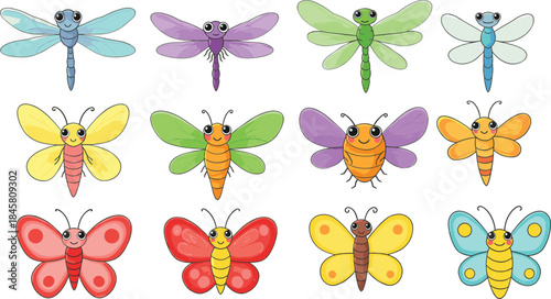 Cute cartoon butterflies and dragonflies, colorful flying insects, happy insect characters, children’s nature illustration, whimsical bug artwork, adorable winged creatures