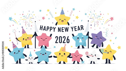 Vibrant cartoon stars celebrating the New Year 2026 with joyful expressions and festive fireworks in a lively illustration.