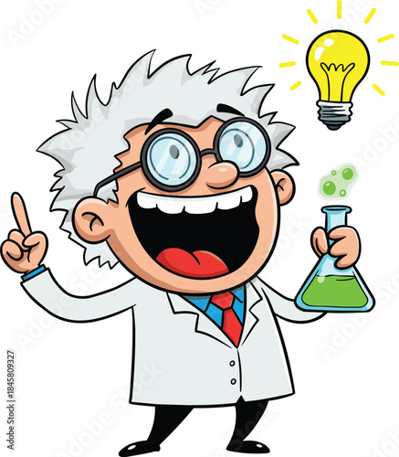 Funny cartoon scientist with crazy hair holding green chemical flask, smiling character in lab coat, light bulb idea concept, scientific discovery vector illustration