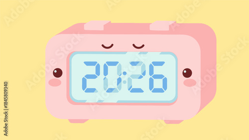A cute cartoon alarm clock with a smiling face and big eyes displaying the time 20:26 on a pastel background, viewed from the front, showing a friendly expression.