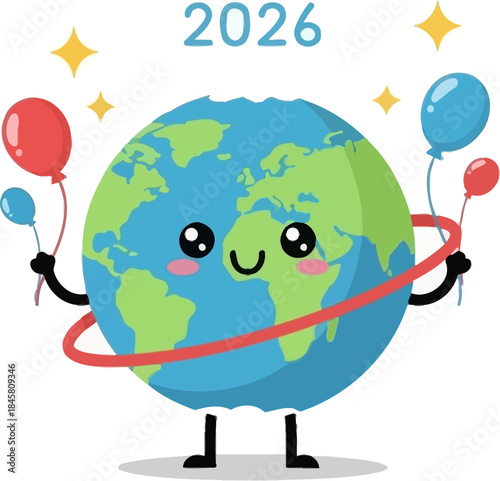 A cute cartoon Earth character holding balloons with "2026" above, celebrating a new year or future event.