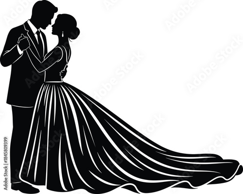Elegant silhouette of bride and groom dancing on wedding day, romantic couple in formal attire, graceful long wedding dress flowing beautifully, timeless love celebration moment