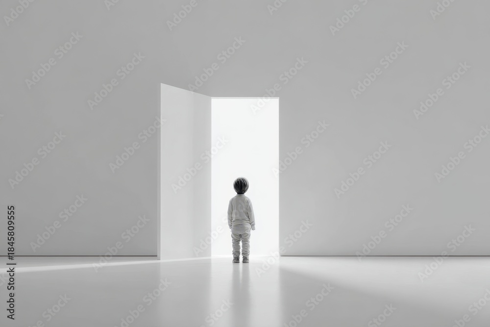 Fototapeta premium Child at an open door in a minimalistic space