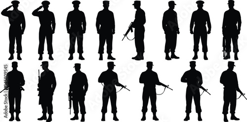 Silhouette illustration of armed soldiers standing and saluting in uniform, various poses, military men vector design on white background