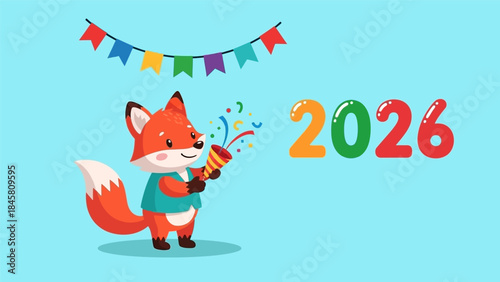 Adorable fox character celebrating the year 2026 with confetti and festive decorations.