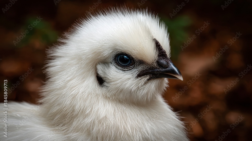 Fototapeta premium A close-up portrait showcases a fluffy white chick. It has striking blue eyes and a small, dark beak. The background is a soft, blurred brown