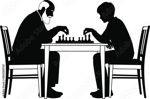 Silhouette of grandfather and grandson playing chess at table, family bonding, strategy game, generational connection, sitting chairs, intellectual activity, black and white
