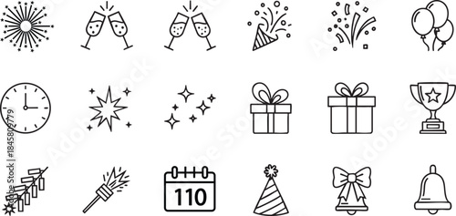 Event thin line icon set. Containing fireworks, champagne toast, party popper, balloons, confetti, clock, gift, star, trophy, calendar, ribbon bow, bell, sparkles, and party icons. Vector illustration