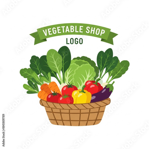 Fresh Vegetables Basket Logo Design for Organic Produce Shop or Farmer's Market with Green Ribbon Banner
