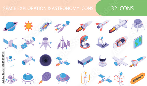 Isometric space exploration and astronomy icons set