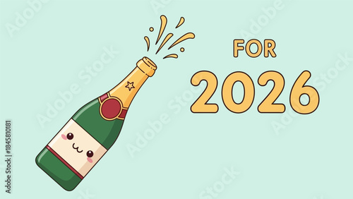 A cute cartoon champagne bottle popping its cork with "FOR 2026" text, celebrating the new year.