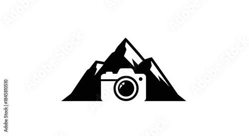 Mountain Photography Logo: Camera Lens Capturing Majestic Peaks in Black and White.