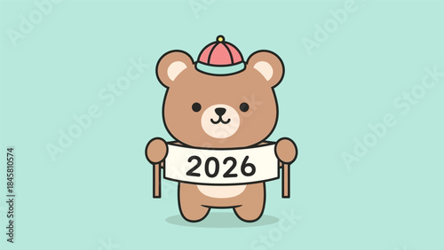 A cute cartoon brown bear wearing a red hat holds a white banner displaying the year 2026 on a light blue background, celebrating the new year.