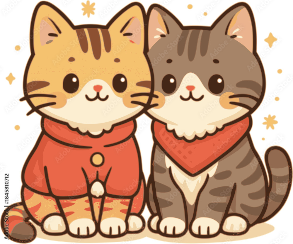 Fototapeta premium Cute Kawaii style kitten cats Merry Christmas theme cartoon illustration 