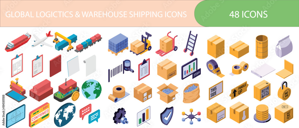 Fototapeta premium Global logistics and warehouse shipping icons set in isometric design