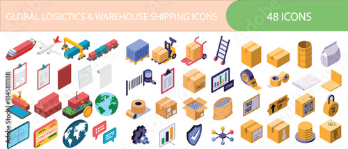 Global logistics and warehouse shipping icons set in isometric design