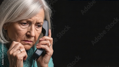 Elderly woman with gray hair, holding a telephone with a worried expression, illustrating the emotional impact of telephone scams and cybercrime on vulnerable individuals