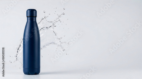 Navy blue insulated water bottle with water splash on light grey background, reusable stainless steel thermos for hydration, healthy lifestyle and everyday use.