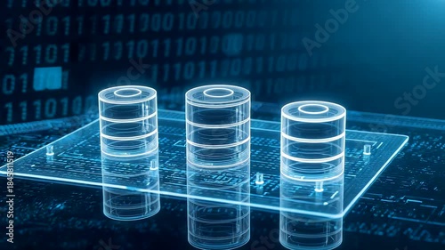 Blue Glowing Database Cylinders Stacked On Transparent Platform Binary Code Background Digital Storage Server Concept