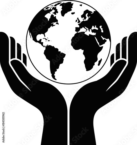 Black Silhouette of Hands Holding the Earth Globe: Symbolizing Environmental Conservation, World Care, Global Protection, and Ecology Concepts - Vector