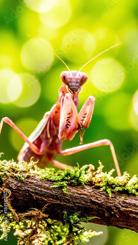 Orchid Mantis Perching on Mossy Branch With Green Bokeh Background