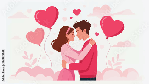 Young couple sharing a quiet romantic hug in a whimsical pink heart filled sky with floating balloons