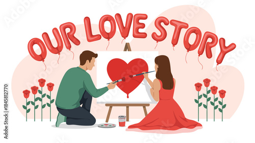 Romantic couple painting heart together at easel with roses and love story text