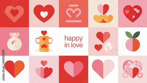 Soft modern valentine grid illustration with hearts and love symbols in pink, red, and white hues