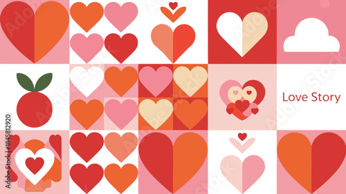 Geometric valentine's day icon chart with red, pink, and white hearts and love symbols