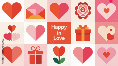 Valentine's day icon panel with hearts, gifts, and roses in pink and red hues for love and romance