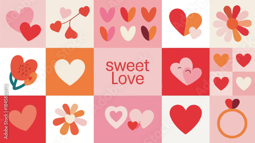 Valentine's day celebration grid layout with flat design hearts and flowers in pink, red, and orange hues on white background