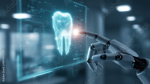 Dentist assistant android robot's hand reaching toward a glowing holographic human tooth projected on a digital screen. Concept of AI technology in healthcare, medicine and dentistry.