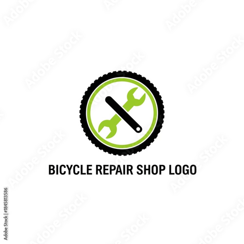 Bicycle repair shop logo design featuring a stylized wrench crossing a bicycle tire tread, suitable for maintenance or service businesses.