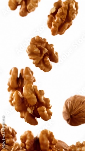 Walnuts Falling in Slow Motion Against White Background