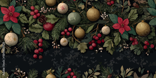 Luxurious and rich Christmas botanical seamless pattern with festive ornaments, red berries, and dark foliage for home decor and high-end packaging